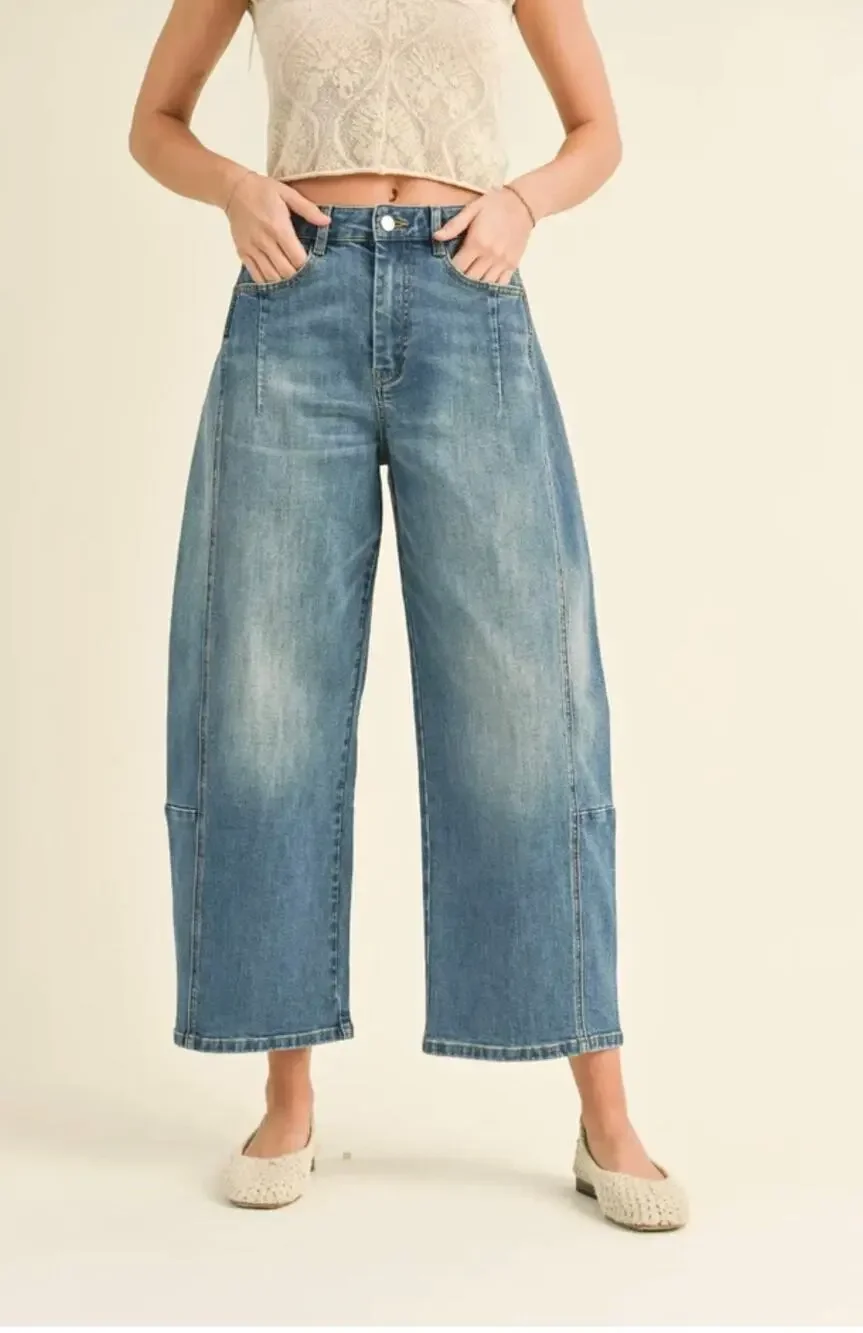 Miou Muse Barrel Jeans - Blue Denim - Wide Leg - Cropped - High-Rise - Size L